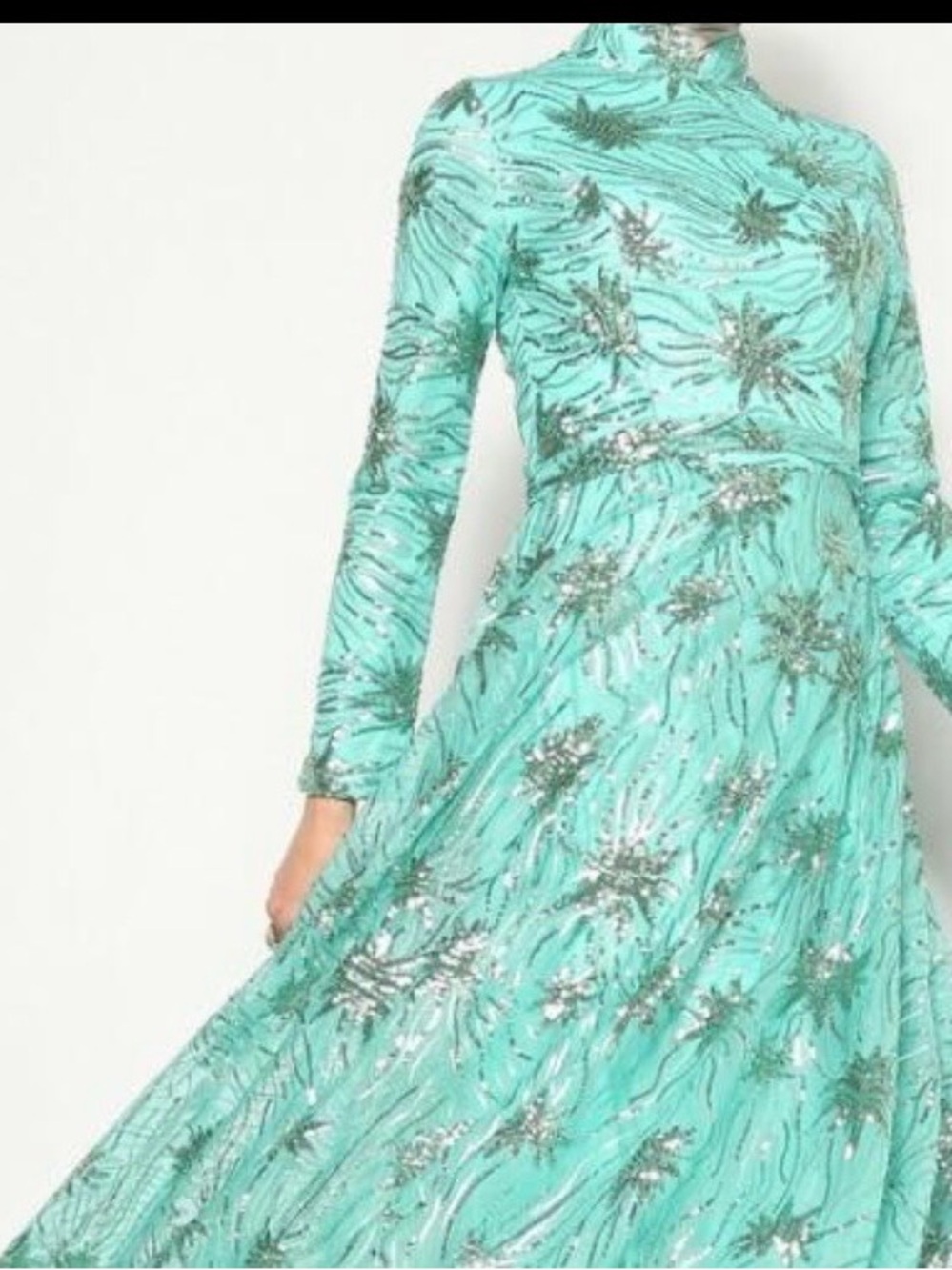 Abella Mint Turquoise Long Sleeve Sequin Gown NEW